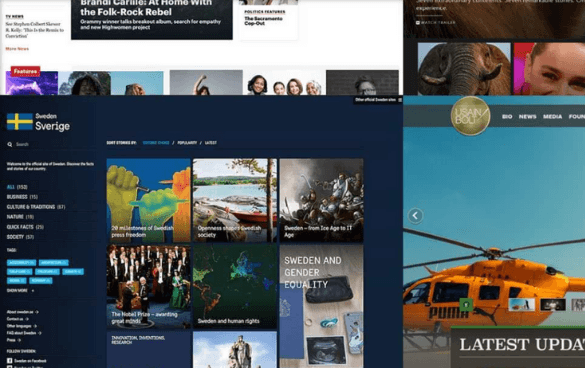 A computer screen displaying multiple open browser tabs with various websites, including articles, a collage about Sweden, and a helicopter image indicating latest updates.