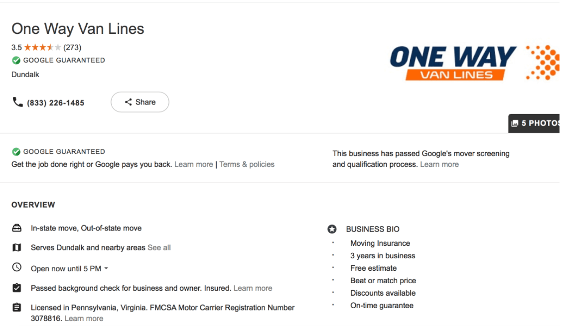 One way van lines moving company