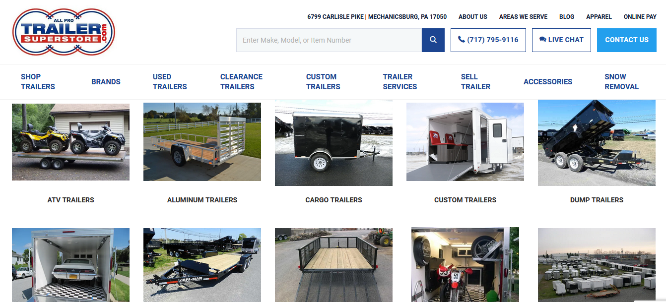 Screenshot of All Pro Trailer Superstore website featuring the company logo, contact information, navigation tabs, and images of various trailer categories such as ATV, aluminum, cargo, custom, and dump trailers, along with a view of a large trailer inventory.