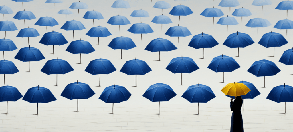 A woman with a yellow umbrella staring at rows of blue umbrellas